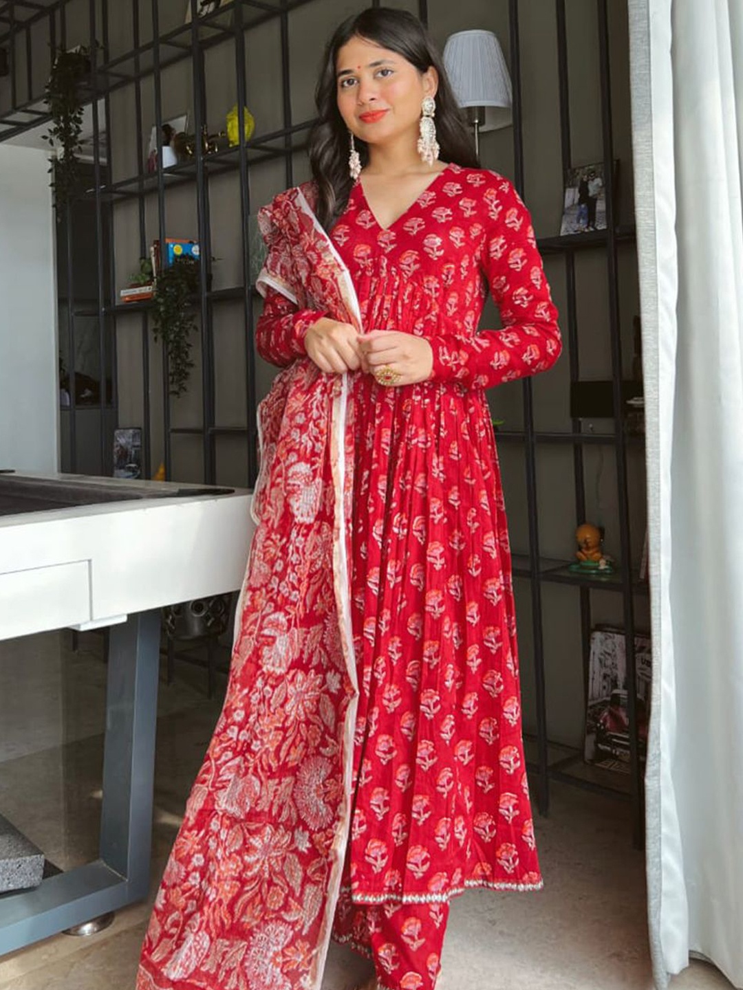 

Amrutam Fab Floral Printed V-Neck Empire Anarkali Kurta With Trousers & Dupatta, Red