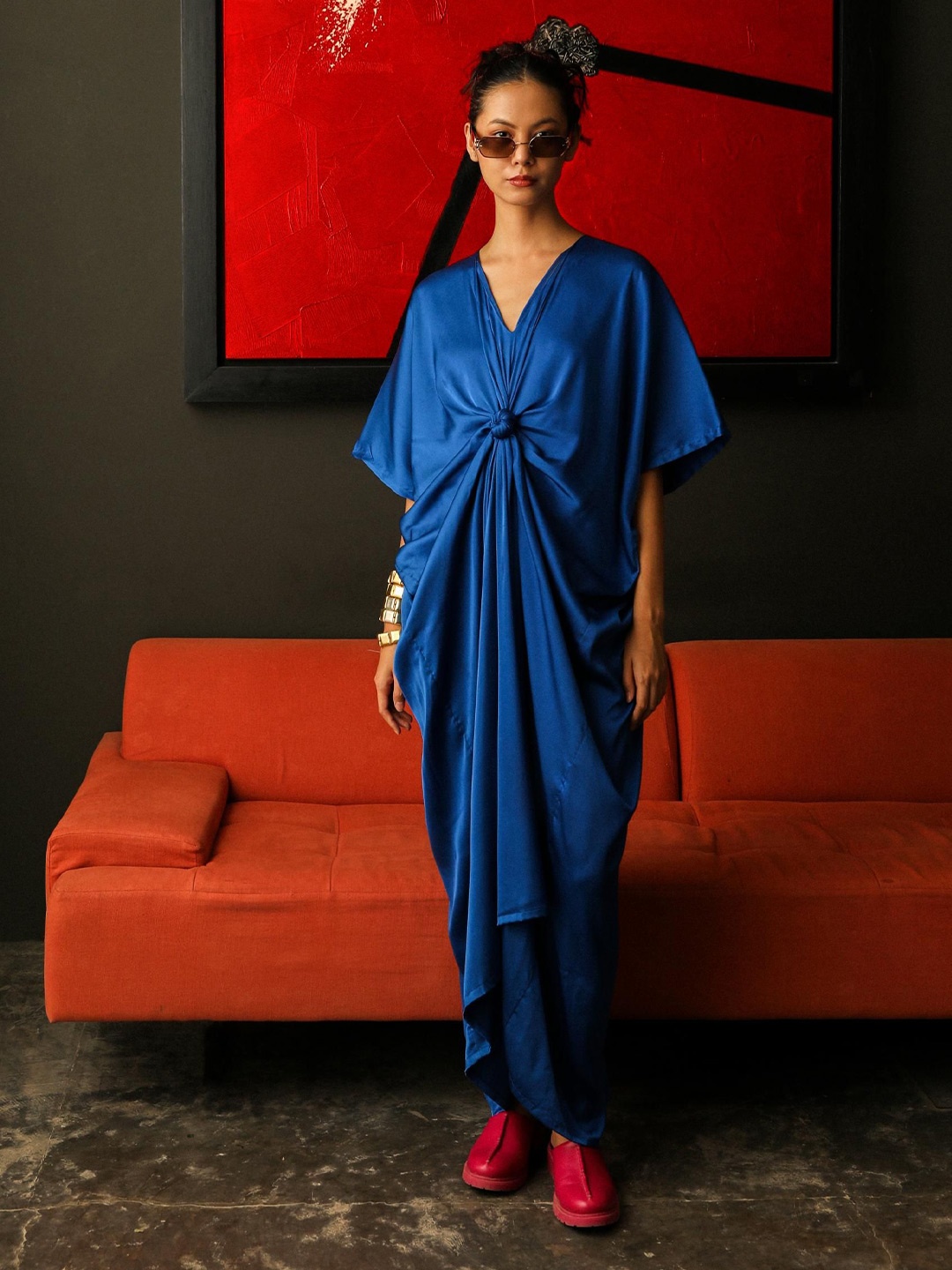 

4427 clothing Women Solid V-Neck Regular Sleeves Maxi Kaftan Dress, Blue