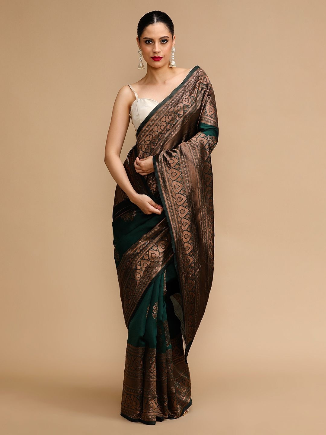 

House of Pataudi Ethnic Motifs Woven Design Zari Banarasi Saree, Green