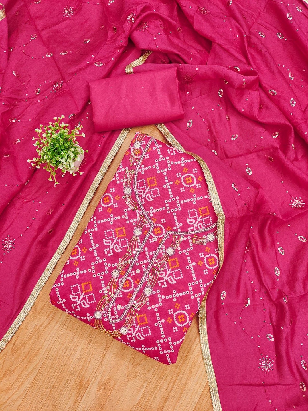 

Panzora Bandhani Printed Beads And Stones Unstitched Dress Material, Pink