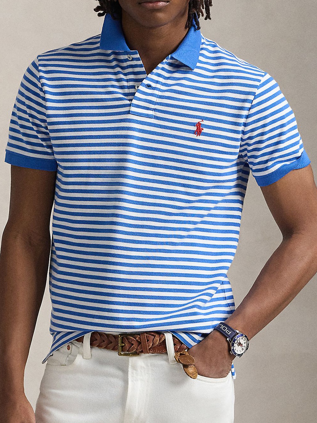 

Polo Ralph Lauren Striped Pure Cotton Custom Slim Fit Polo Collar T-Shirt, Blue