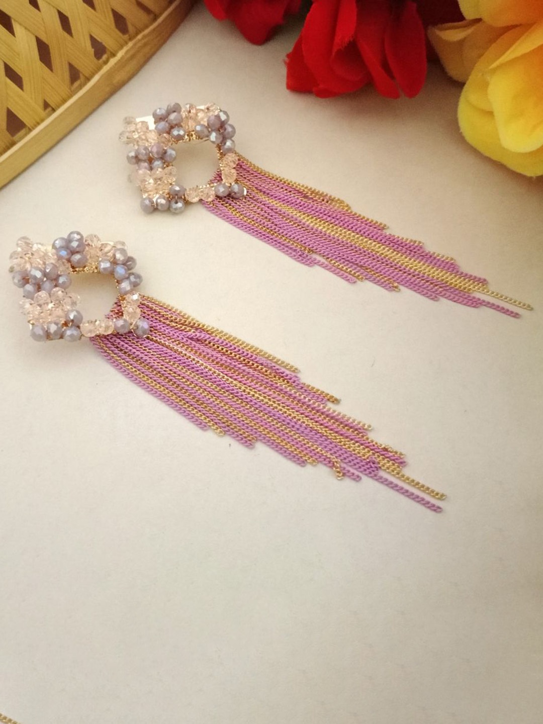 

DIVASTRI Gold-Plated Artificial Beads Contemporary Drop Earrings, Pink
