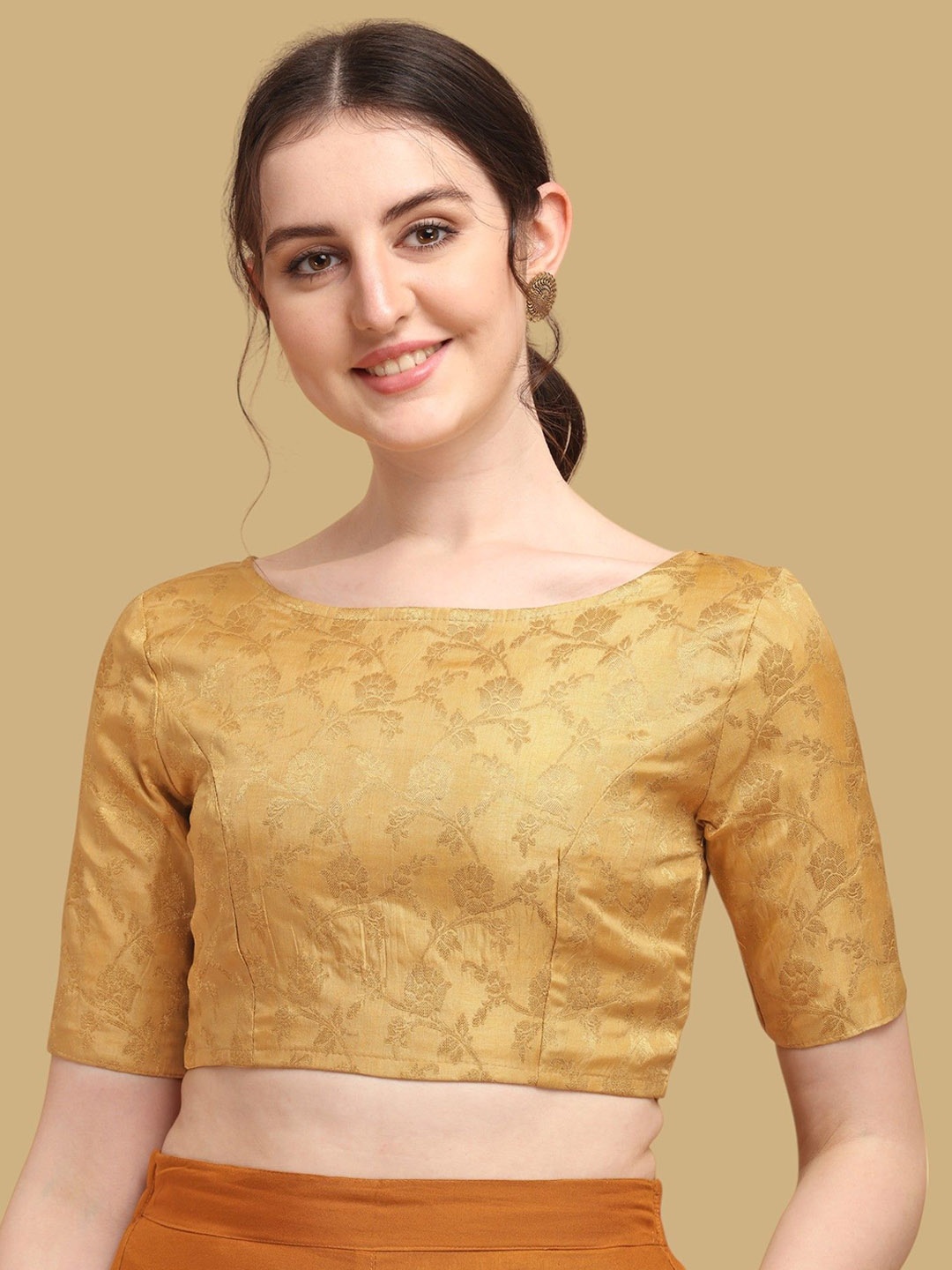 

Oomph! Woven Design Boat Neck Jacquard Saree Blouse, Gold