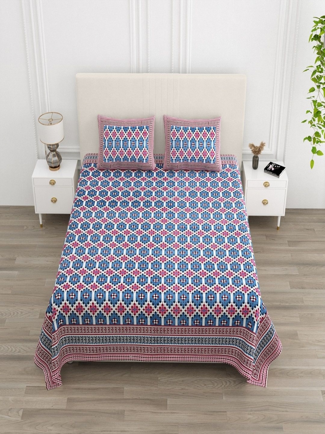 

tundwal's Blue & Pink Floral Printed 210 TC Cotton King Bedsheet Set 2.2 m x 2.74 m