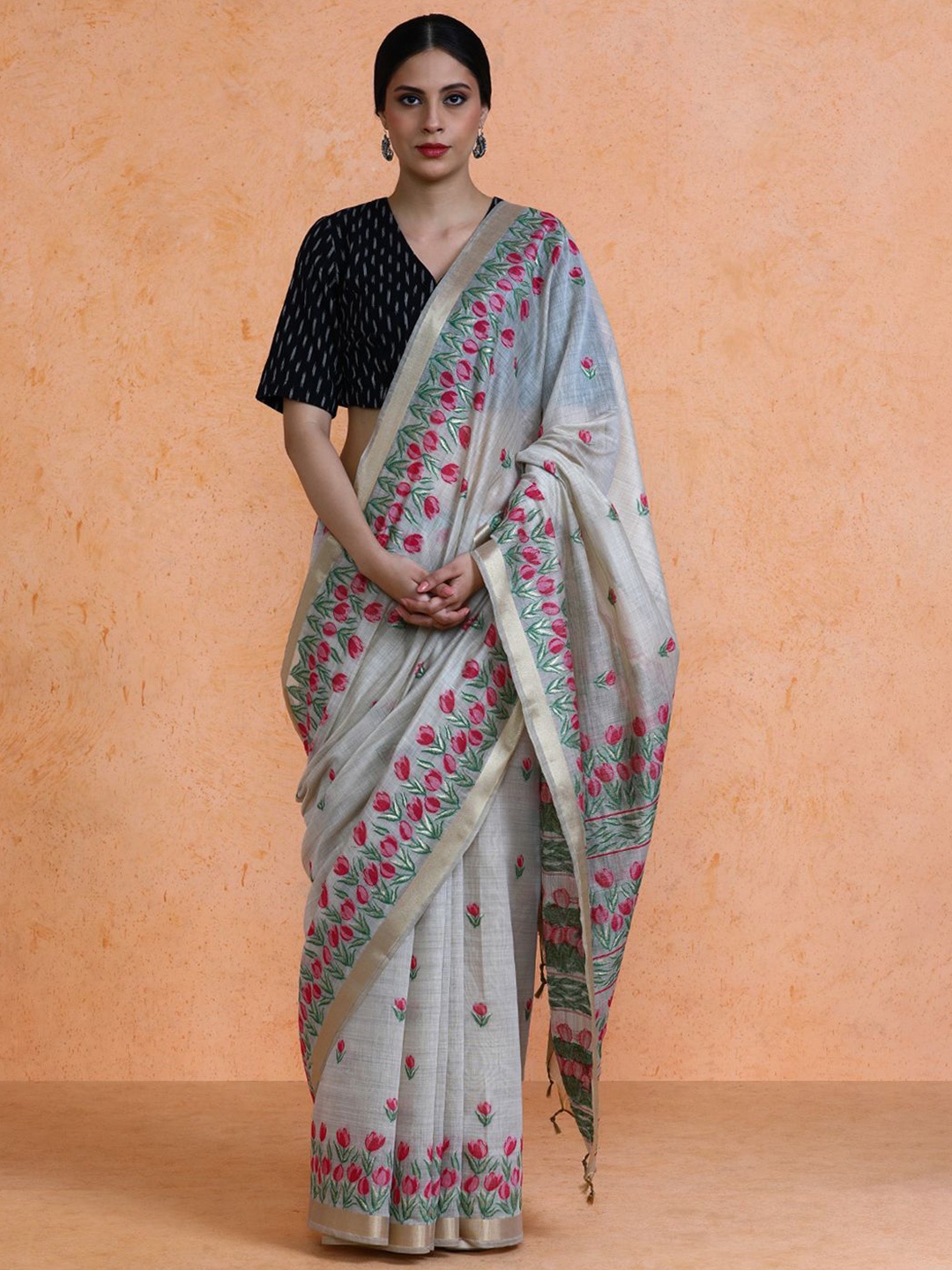 

SARHA Floral Printed Muga Saree, Beige