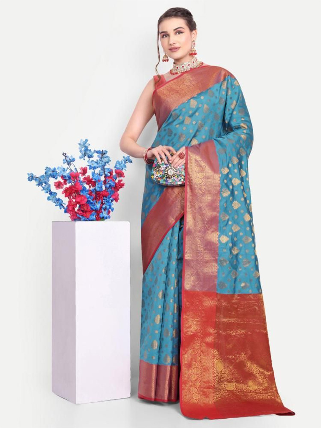 

AKSH FASHION Ethnic Motifs Woven Design Zari Banarasi Saree, Turquoise blue