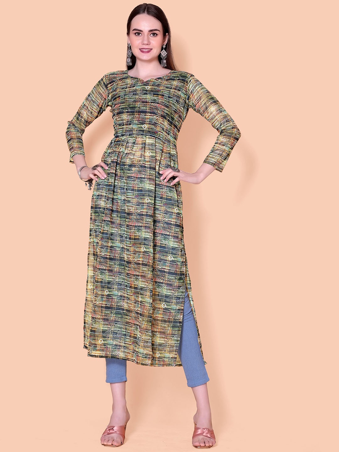 

Rinbin Geometric Woven Design Sweetheart Neck Georgette Straight Kurta, Green