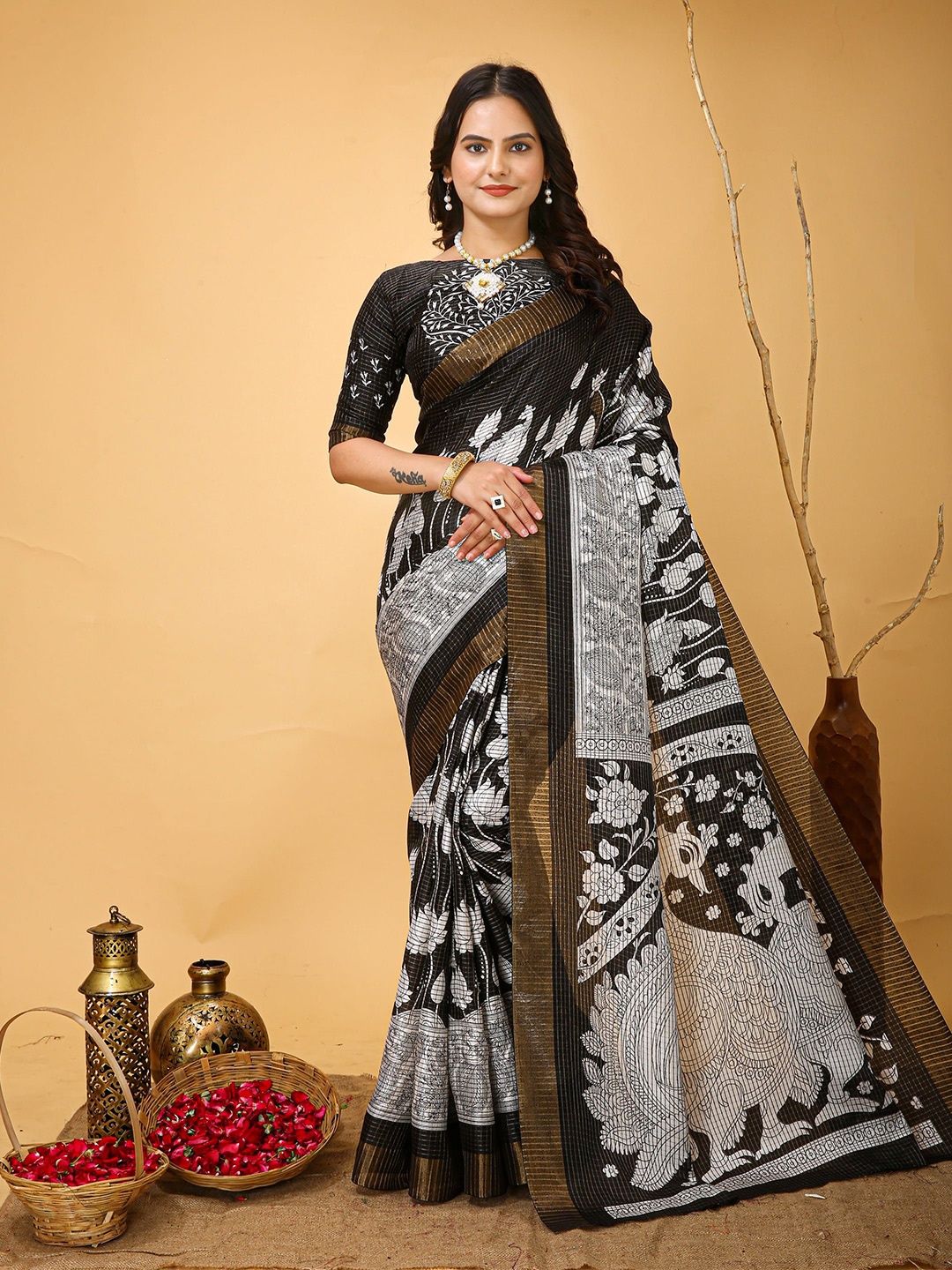 

HERE&NOW Kalamkari Printed Zari Pure Cotton Kanjeevaram Saree, Black