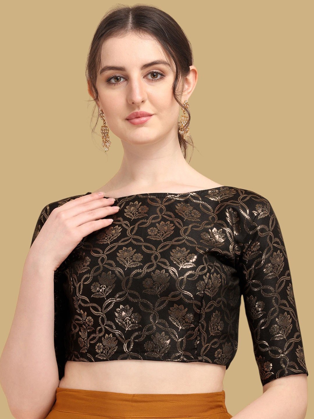 

Oomph! Woven Design Boat Neck Saree Blouse, Black