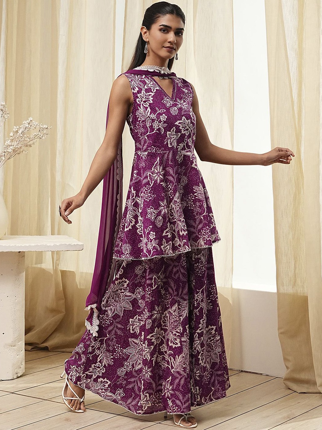 

Biba Floral Printed Pure Cotton Kurta with Sharara & Dupatta, Purple