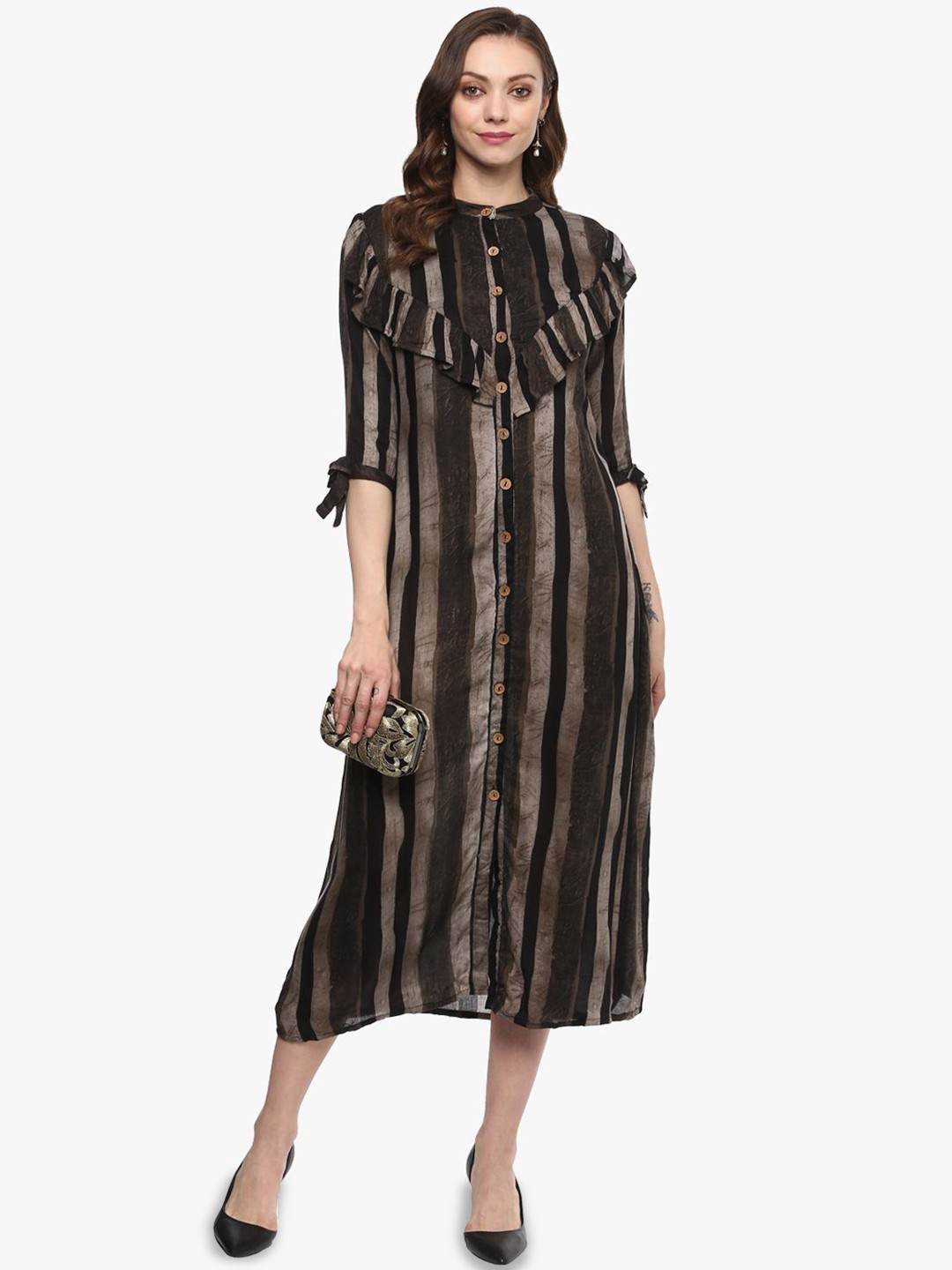

Dillen Striped Lace Frills Bows and Ruffles Kurta, Grey