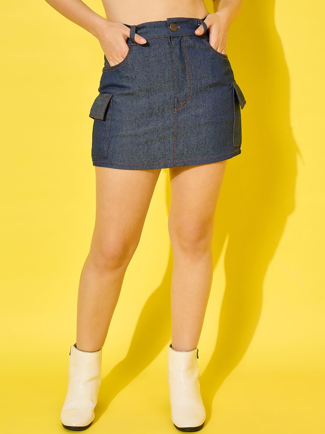 

DIMPY GARMENTS Women High Waist Denim Cargo Mini Skirt, Blue