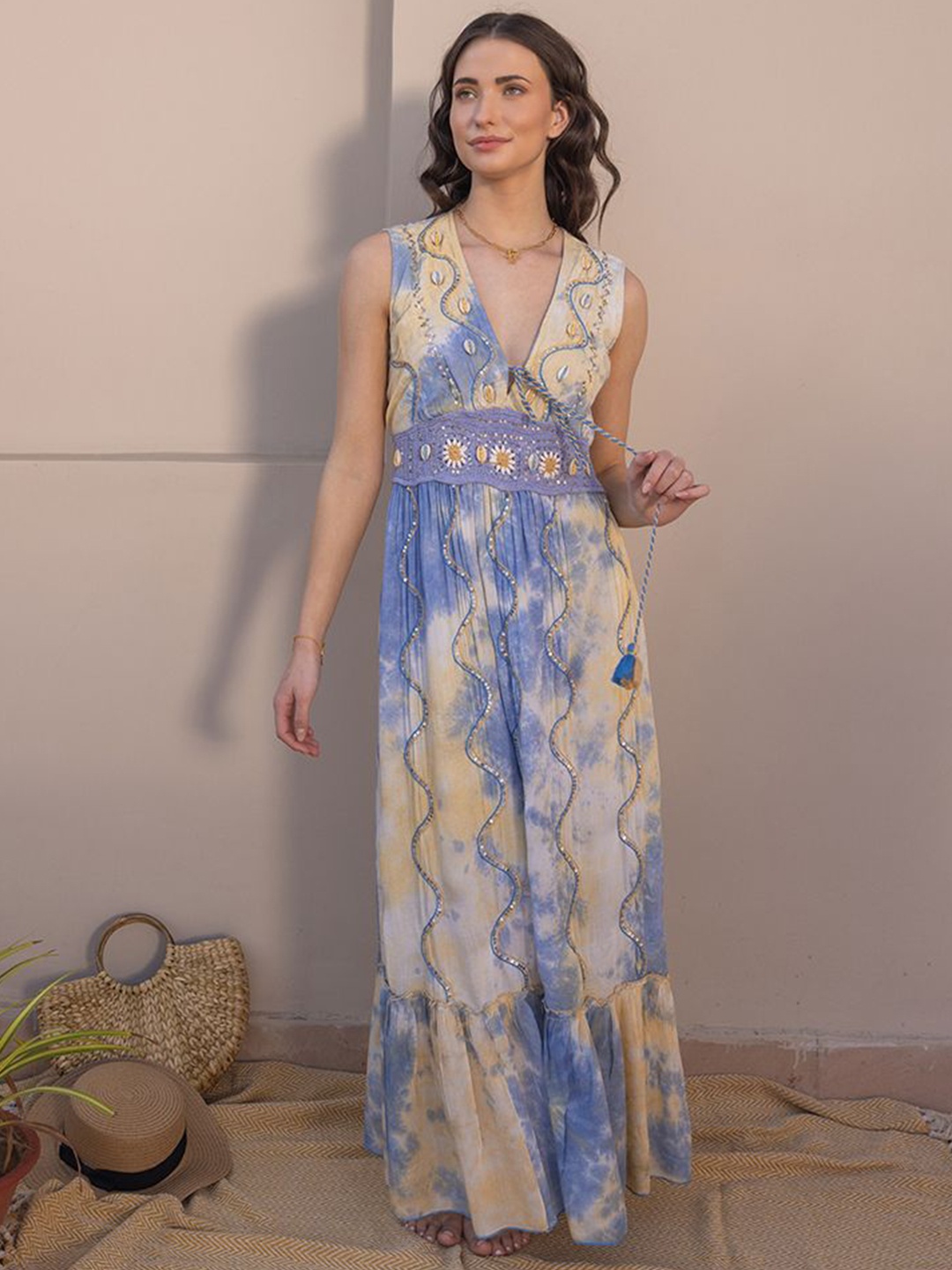 

Label Reyya Sequined Embellished Tie-Dye Cotton Maxi Dress, Blue