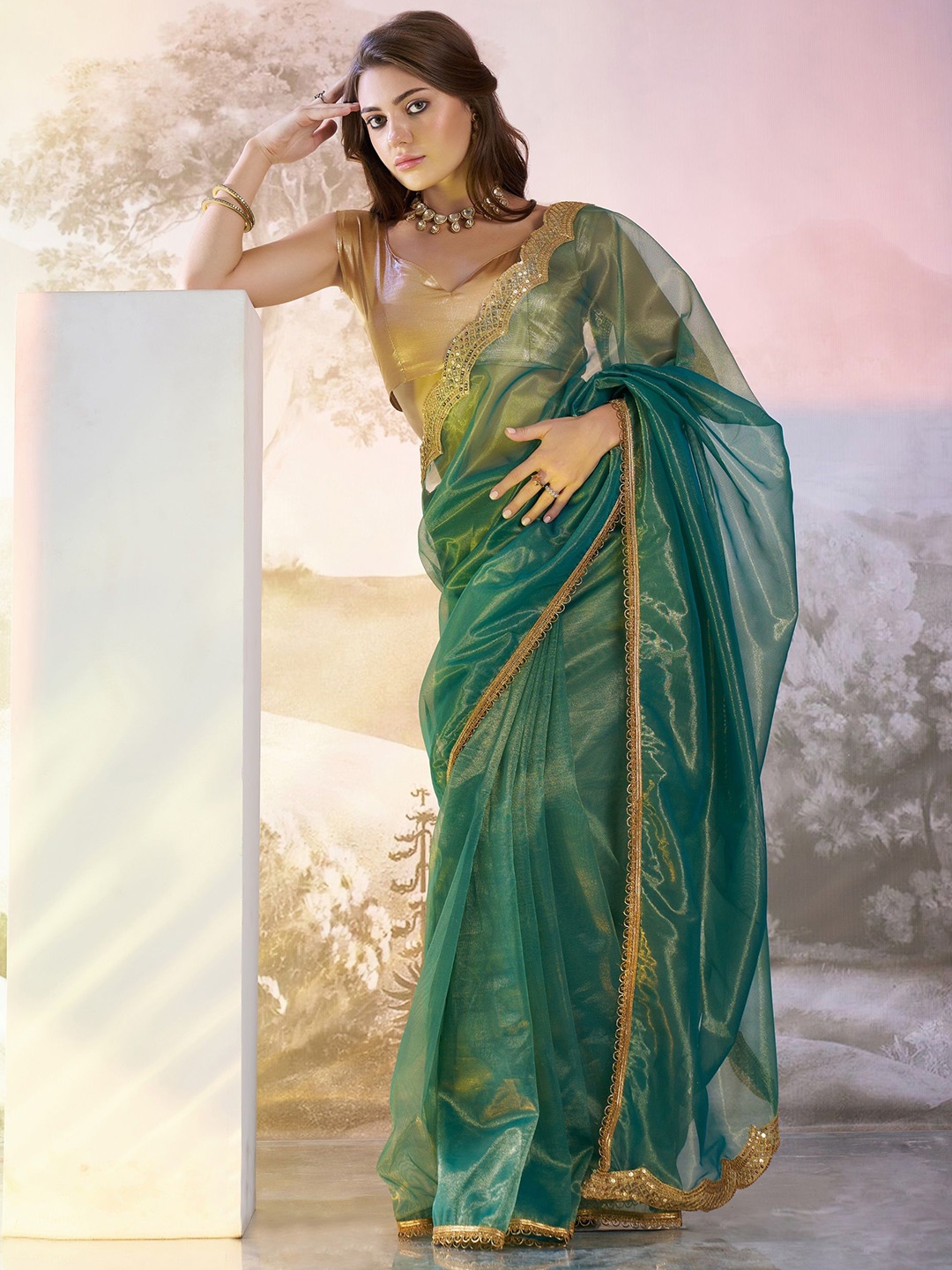 

MAHALASA Sequinned Net Saree, Green