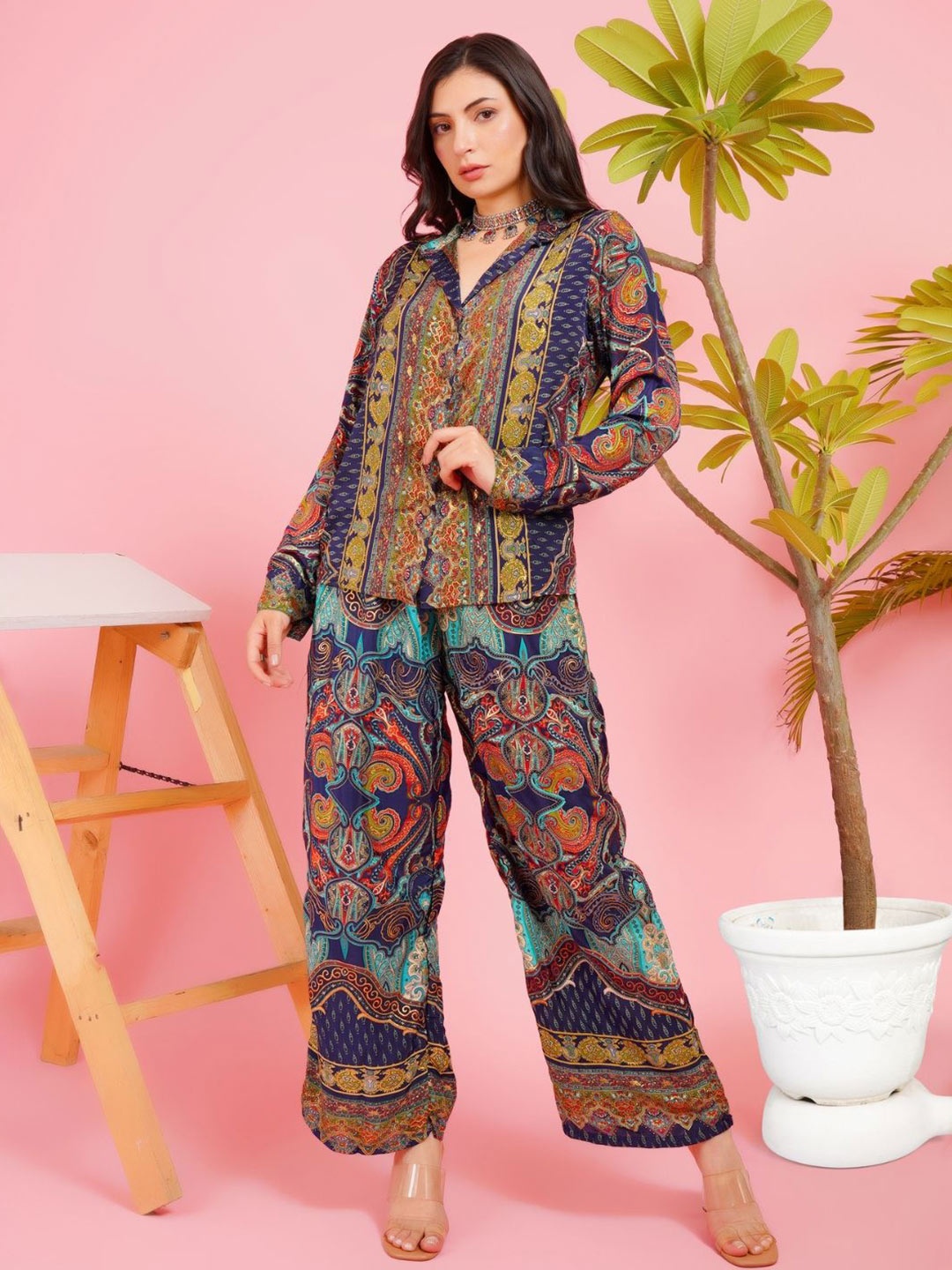 

Boholyfe Teal Radiance Printed Boho Shirt With Trouser, Navy blue