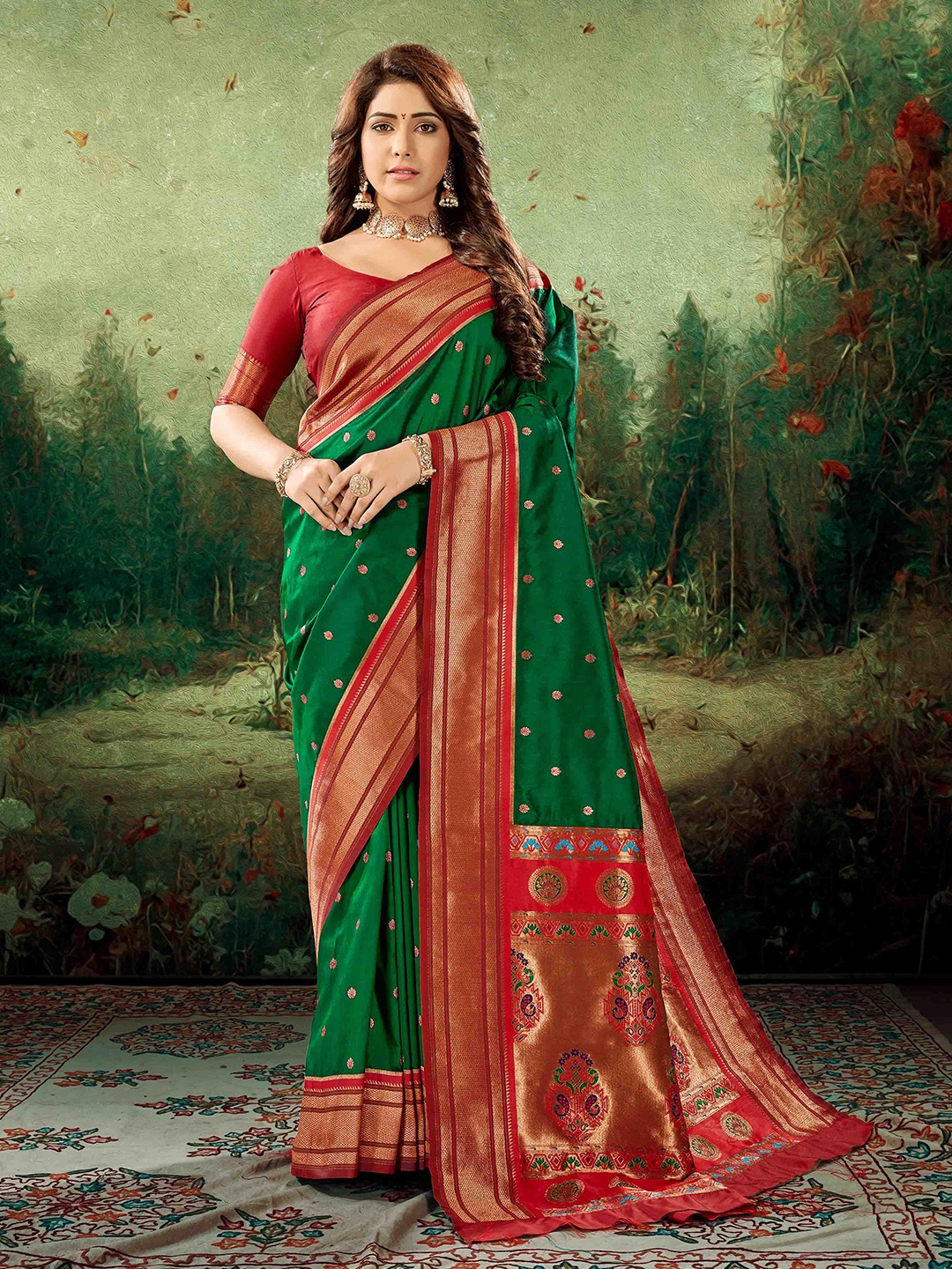 

Mitera Ethnic Motifs Woven Design Zari Paithani Saree, Green