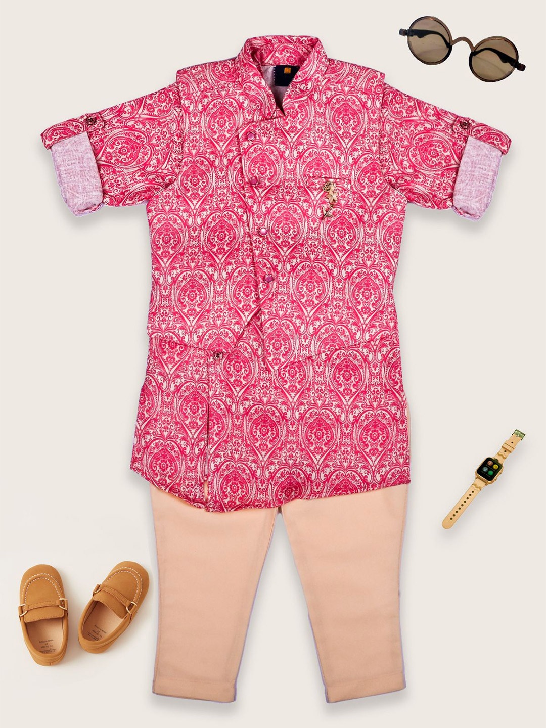 

we11 Kids Ethnci Motifs Printed Kurta With Trouser And Waistcoat, Pink