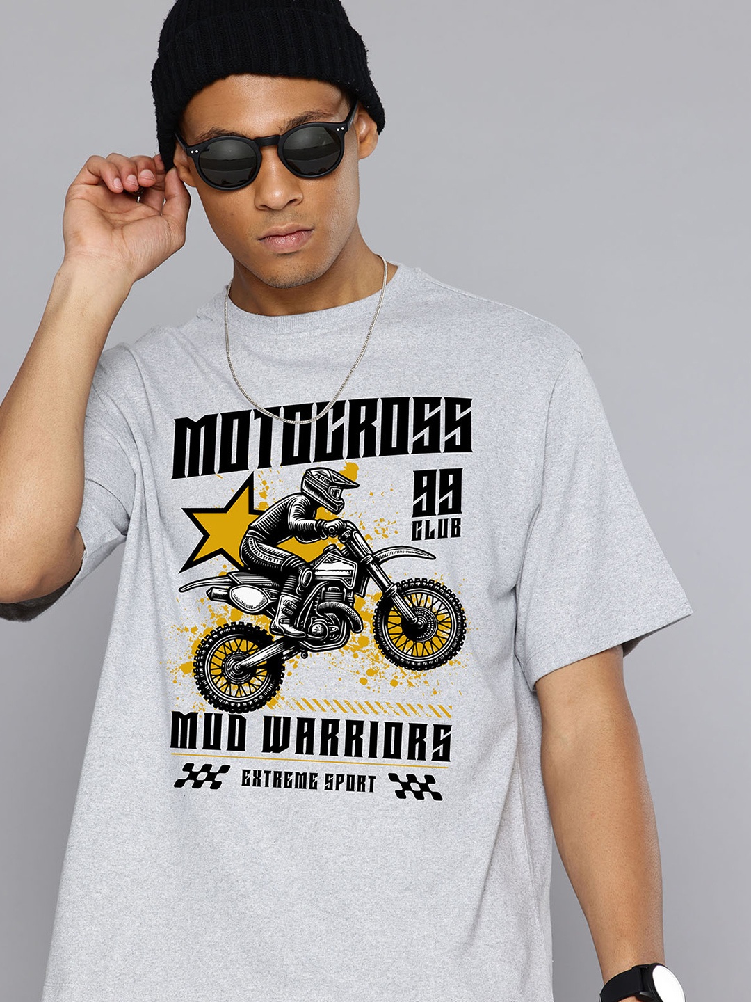 

R.Code by The Roadster Lifestyle Co. Men Graphic Printed Cotton Relaxed Fit T-shirt, Grey melange