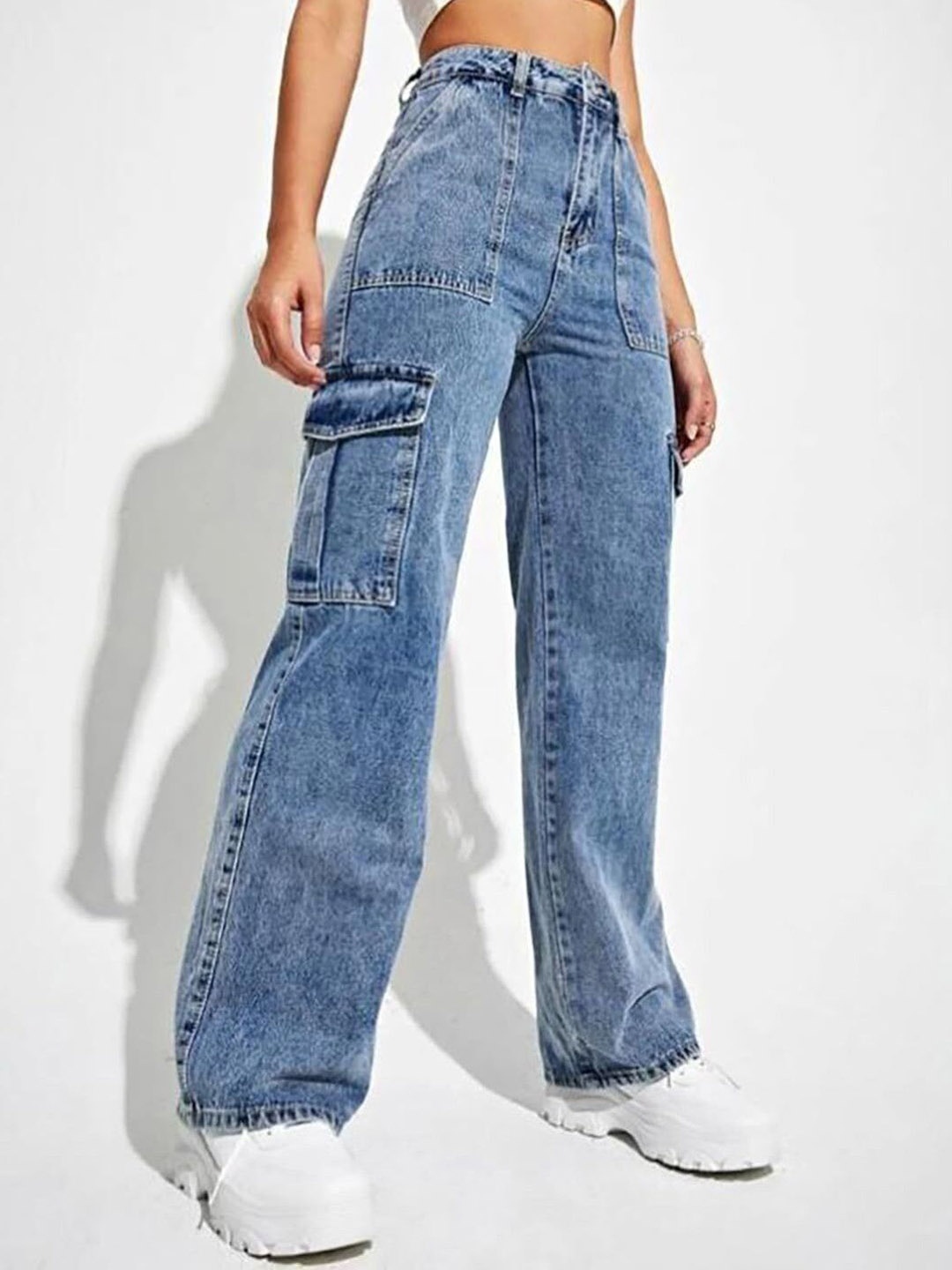 

BAESD Women Comfort Straight Fit Light Fade Stretchable Cargo Jeans, Blue