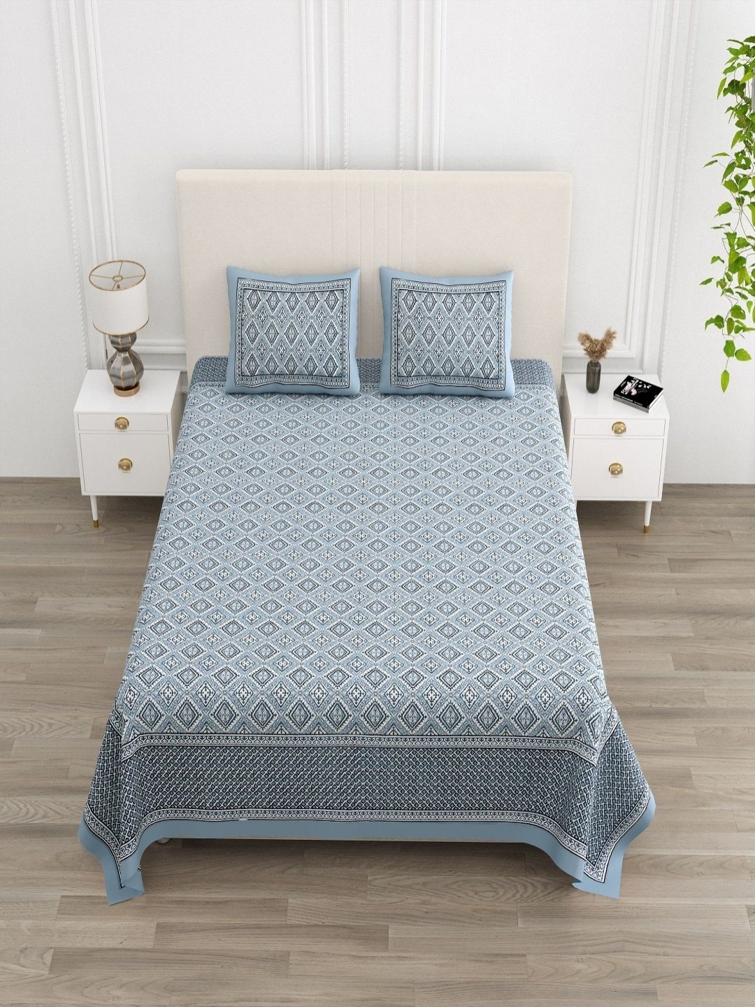 

tundwal's Blue & Grey Printed 210 TC Cotton King Bedsheet Set 2.2 m x 2.74 m
