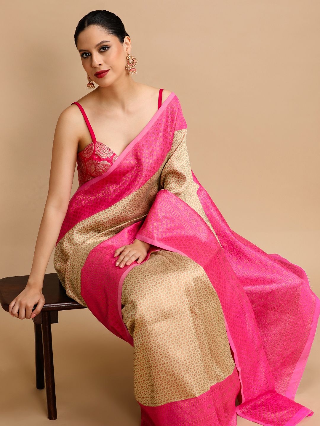 

House of Pataudi Woven Design Banarasi Saree With Unstitched Blouse, Cream