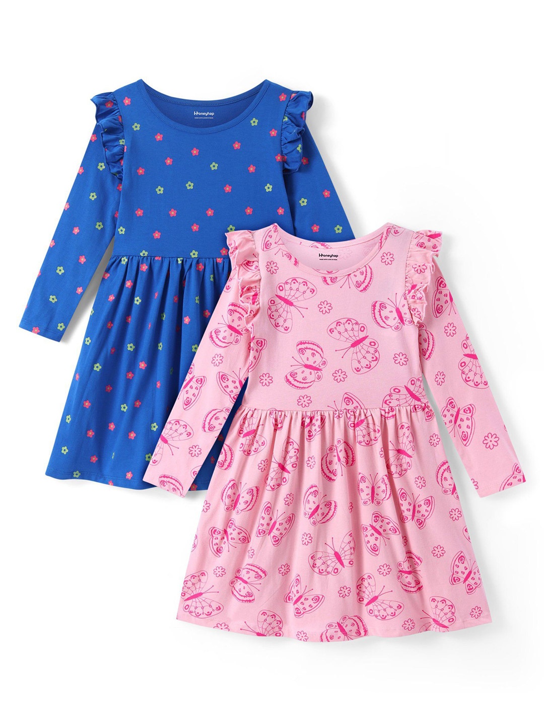 

Honeyhap Girls Pack Of 2 Printed Cotton Fit & Flare Dress, Blue