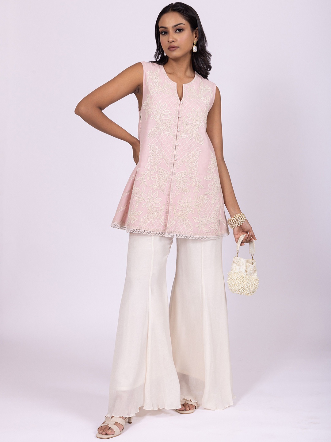 

Label Naariti Floral Printed Notch Neck Top With Trousers, Pink