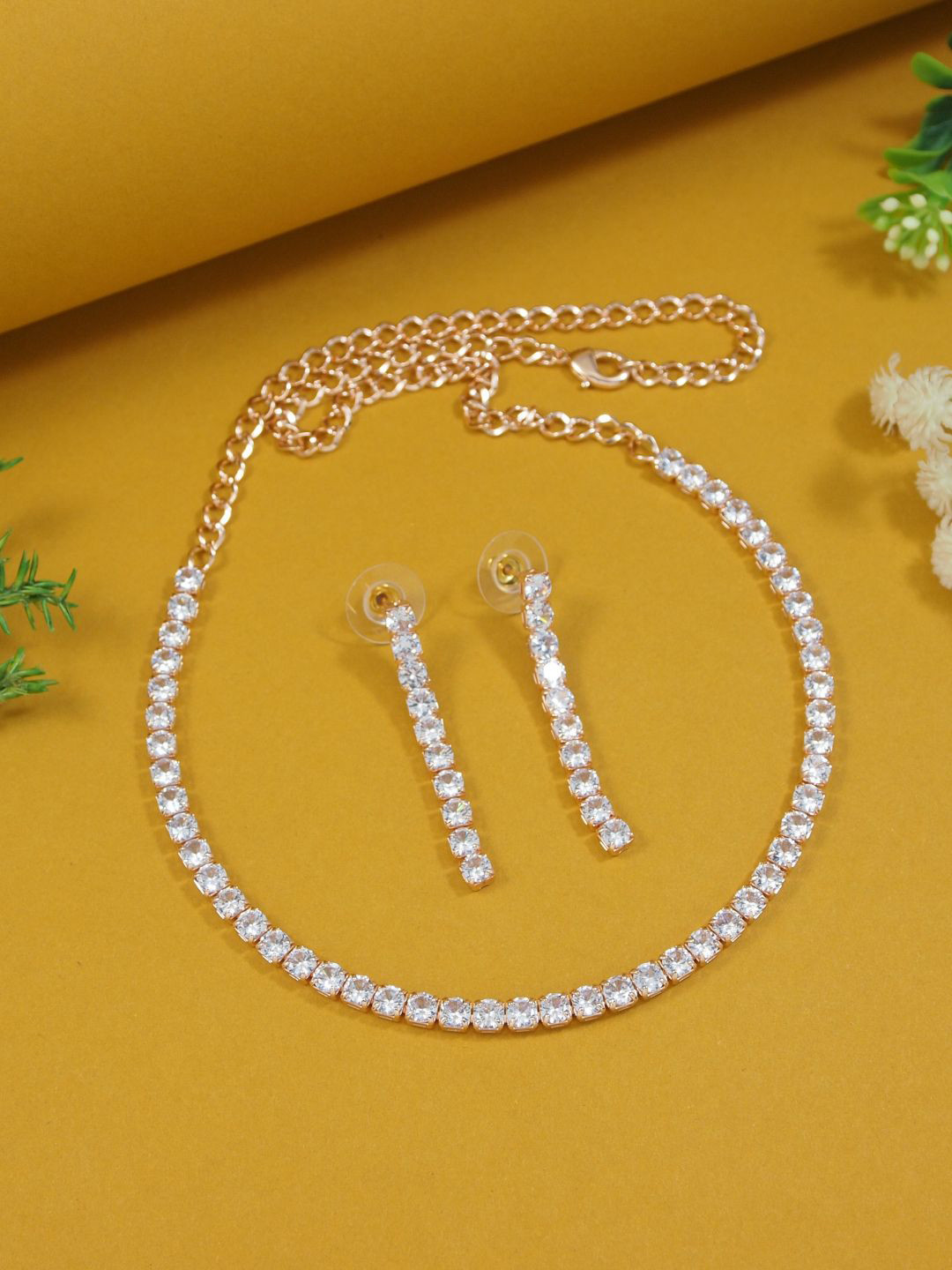 

I Jewels Rose Gold Plated Cubic Zirconia & American Diamond-Studded Necklace & Earrings