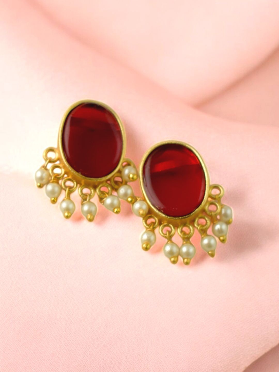 

TISHUL JEWELS Gold-Plated Oval Shaped Artificial Stones and Beads Studs, Maroon