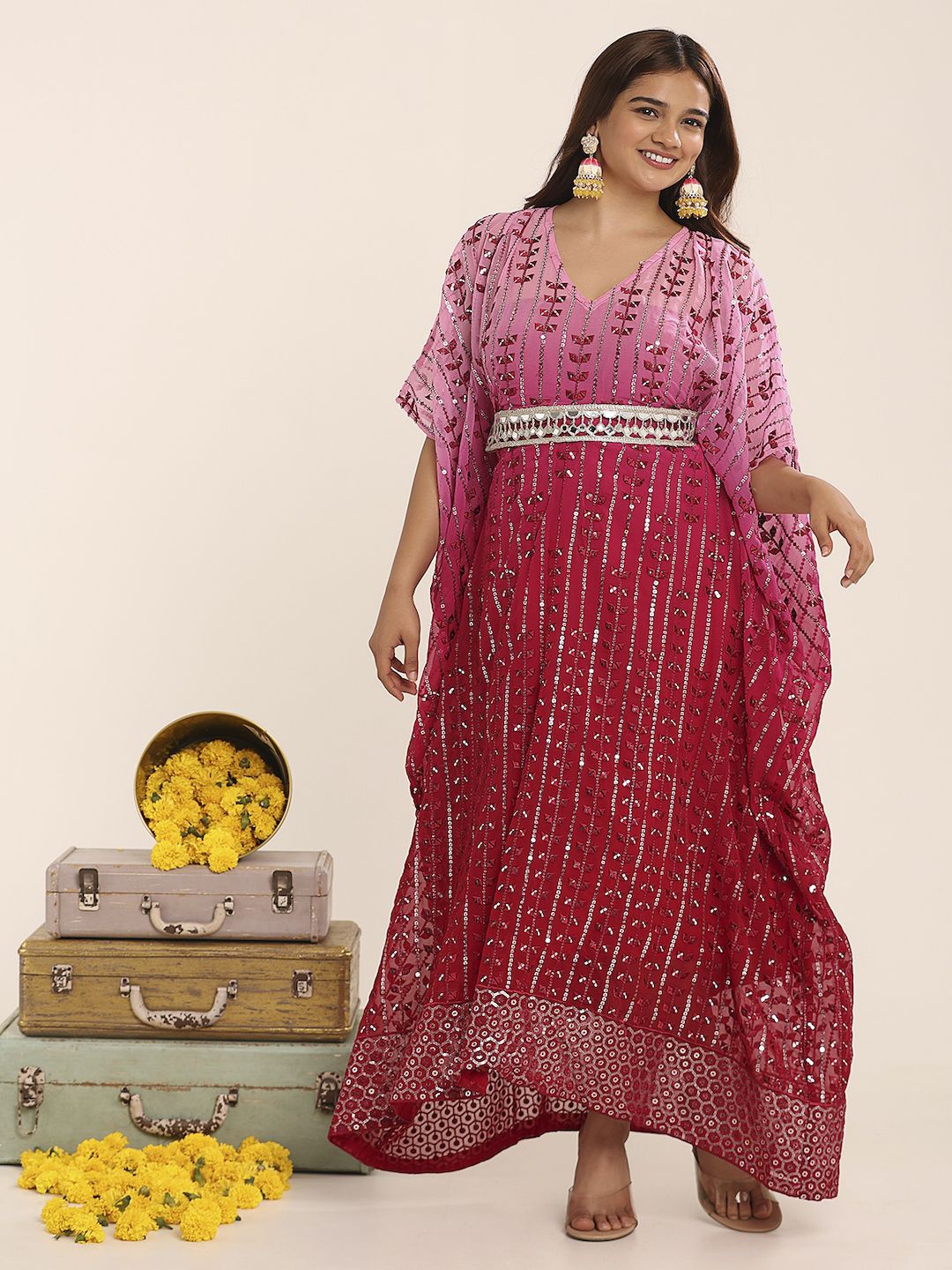 

THE BLESSED WARDROBE Ombre Embellished Sequined Georgette Kaftan Maxi Dress, Pink