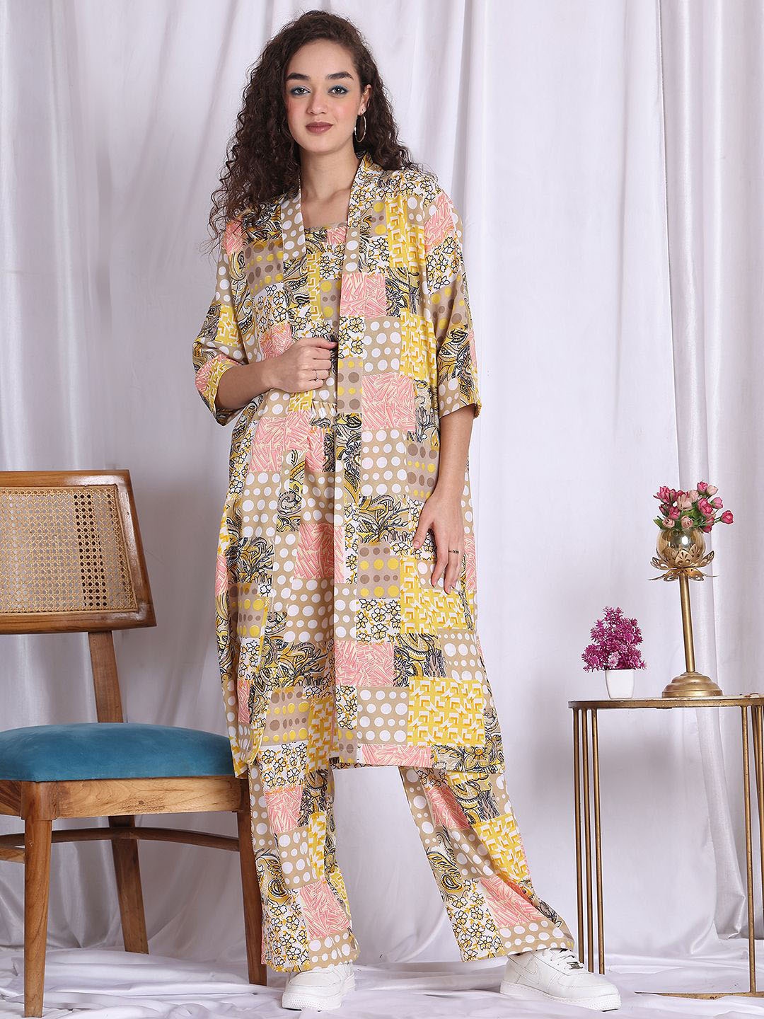 

NEUDIS Ethnic Motifs Printed Shoulder Straps Top Shrug & Trousers, Yellow