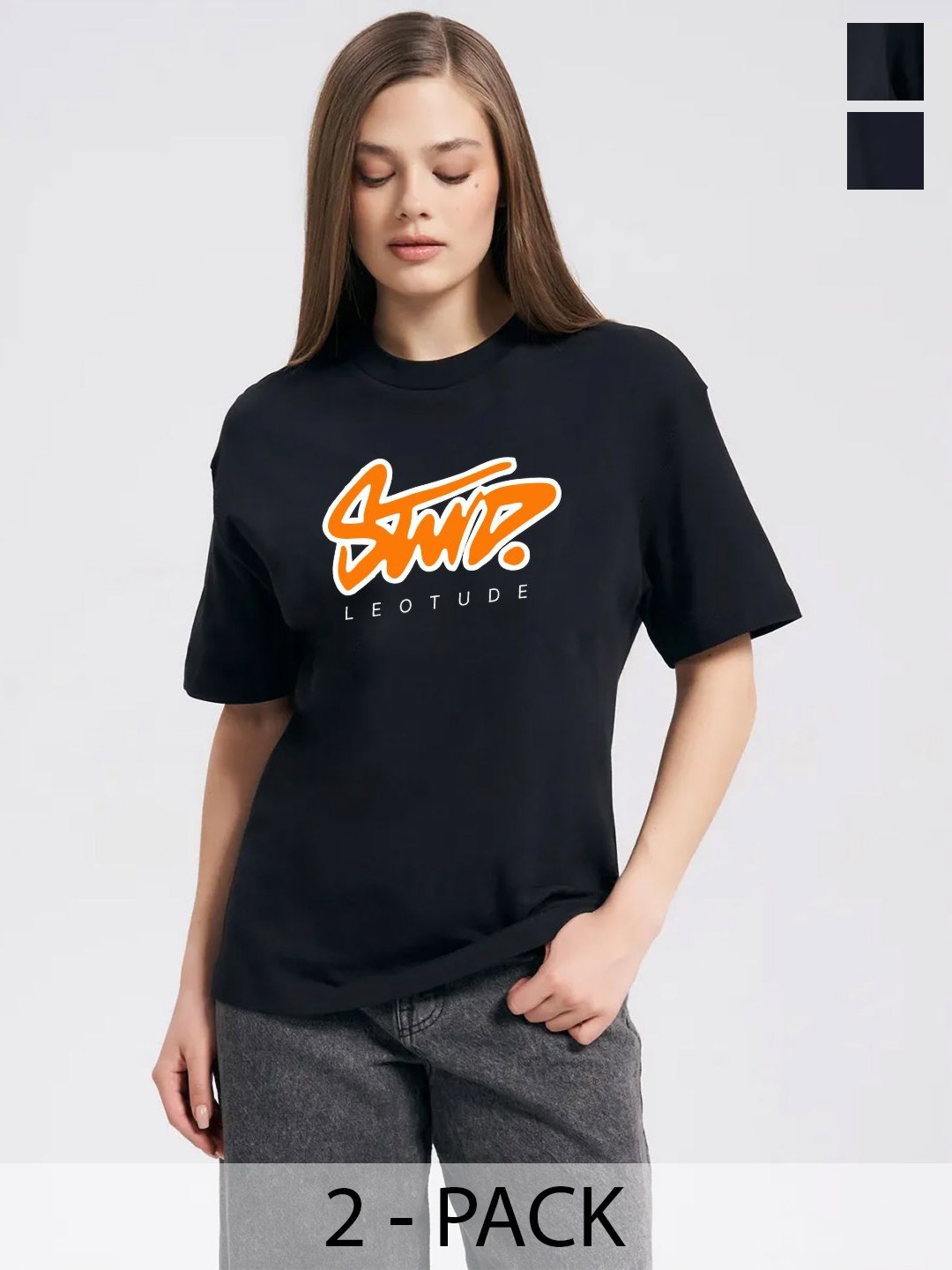 

Leotude Women Pack Of 2 Graphic Printed Round Neck Cotton Oversized T-shirts, Black