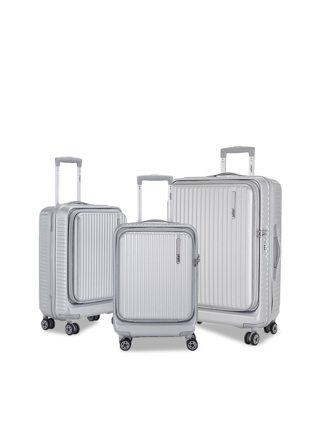 

Safari Recoil Set Of 3 Textured Hard-Sided Trolley Suitcase, Silver