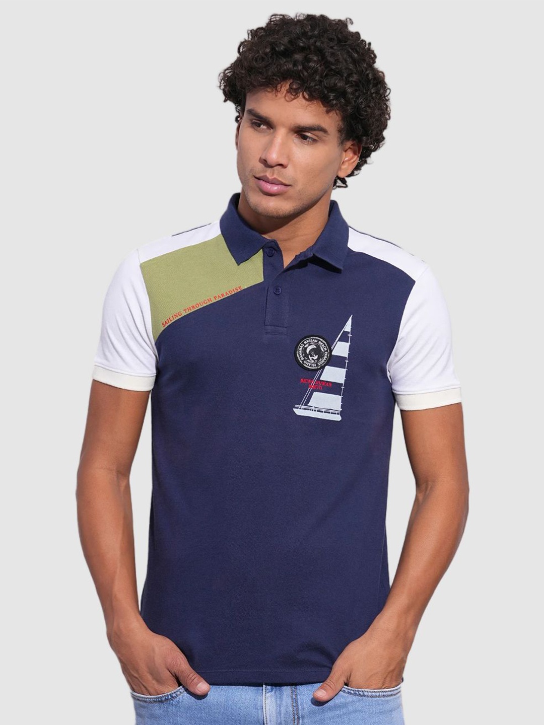 

Being Human Men Colourblocked Polo Collar Applique T-shirt, Blue