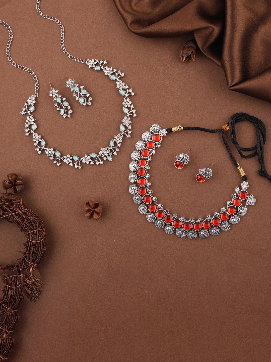 

Lyriss Set Of 2 Silver-Plated American-Diamond-Studded Jewellery Set