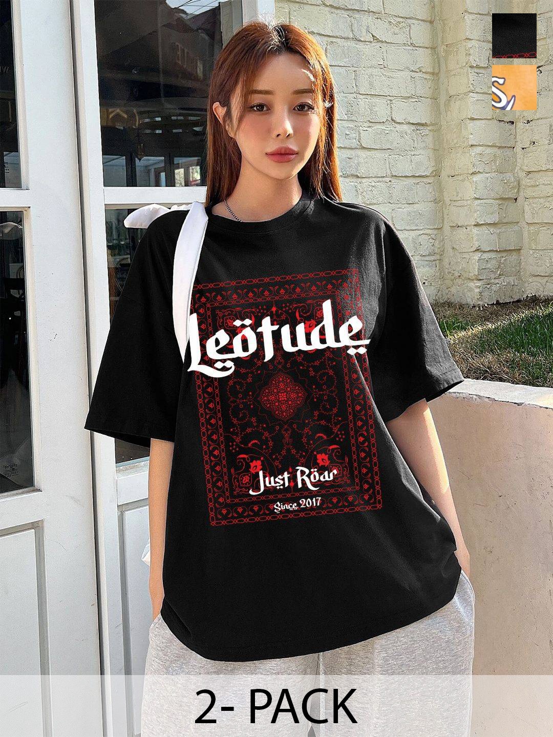 

Leotude Women Pack Of 2 Graphic Printed Round Neck Cotton Oversized T-shirts, Black
