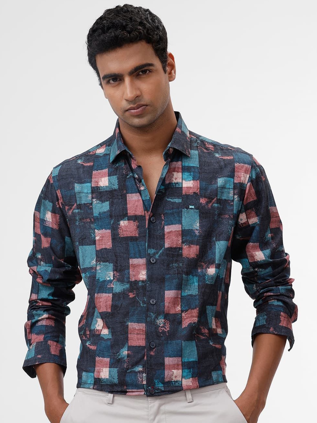 

Basics Men Slim Fit Spread Collar Abstract Printed Cotton Casual Shirt, Teal
