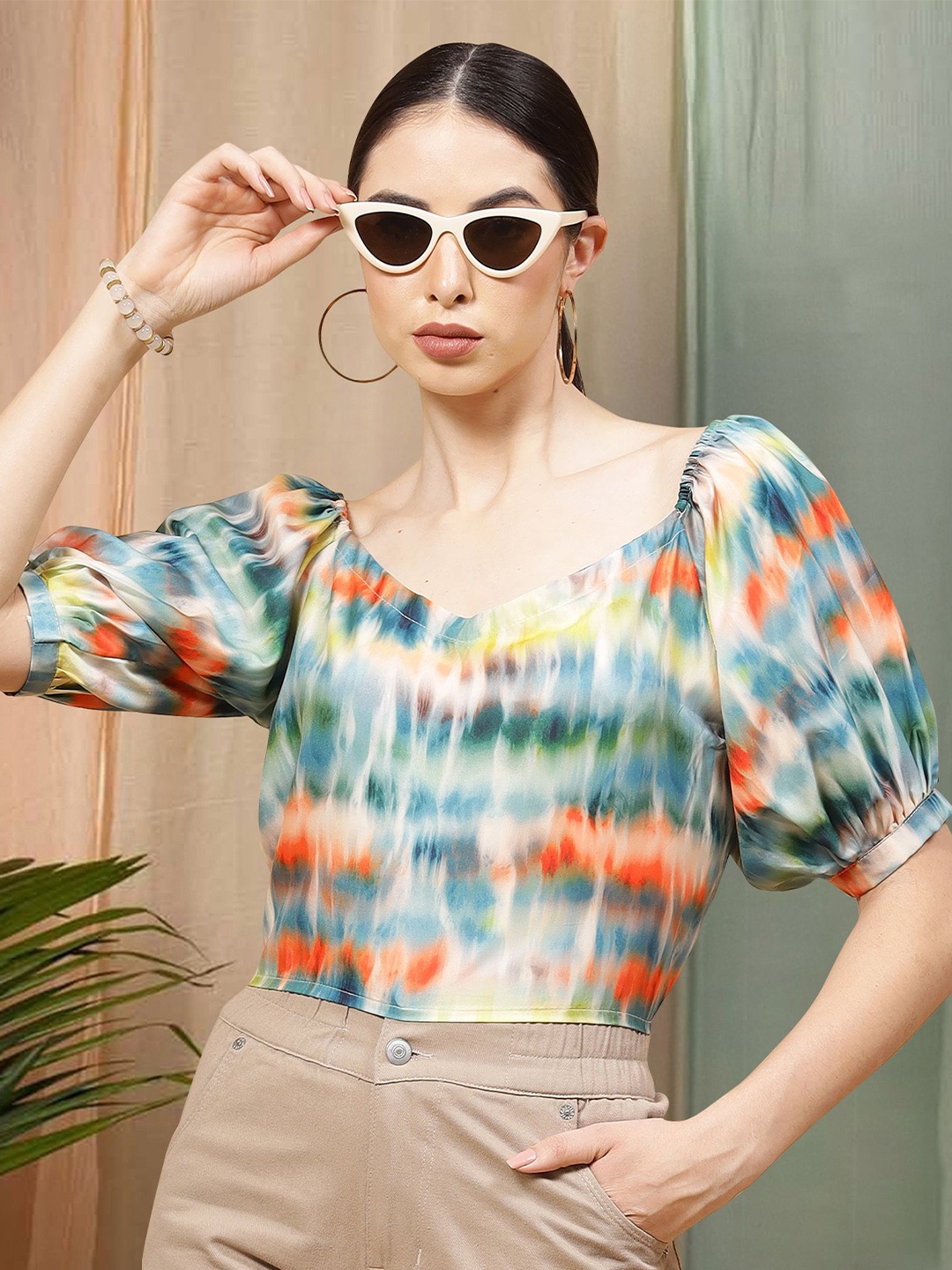 

Moda Rapido Tie and Dye Printed Sweetheart Neck Top, Blue