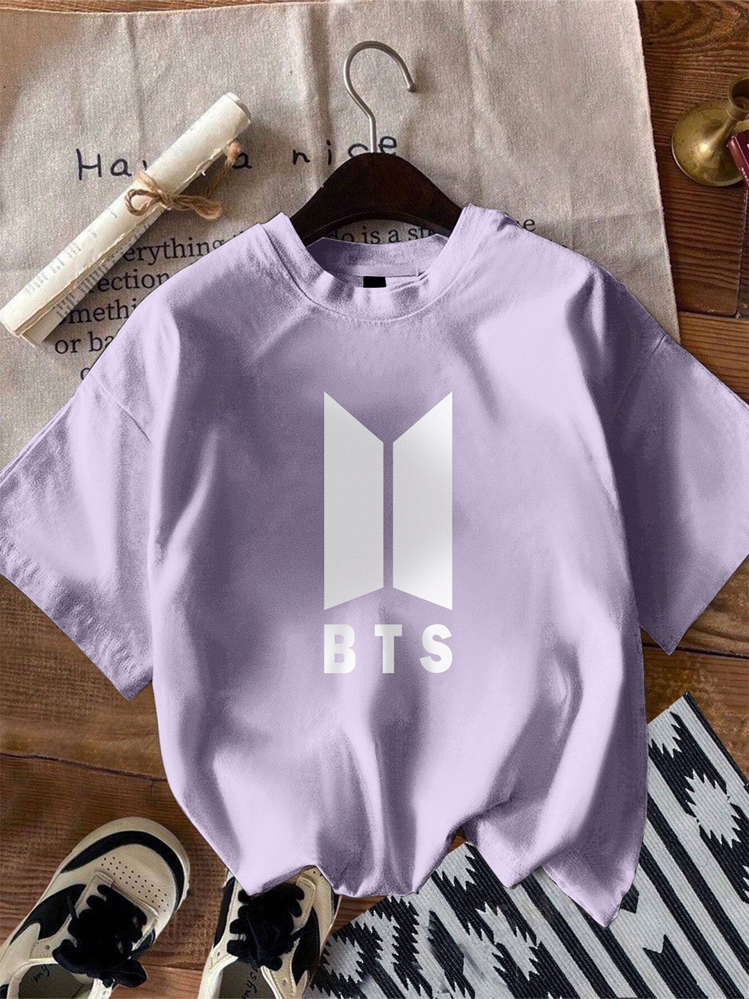 

TOGS & TERRE Women Graphic Printed Round Neck Cotton Oversized T-shirt, Lavender