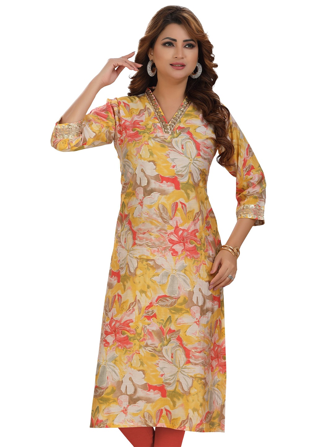 

Meher Impex Floral Printed V-Neck Sequinned Chanderi Silk Straight Kurta, Yellow