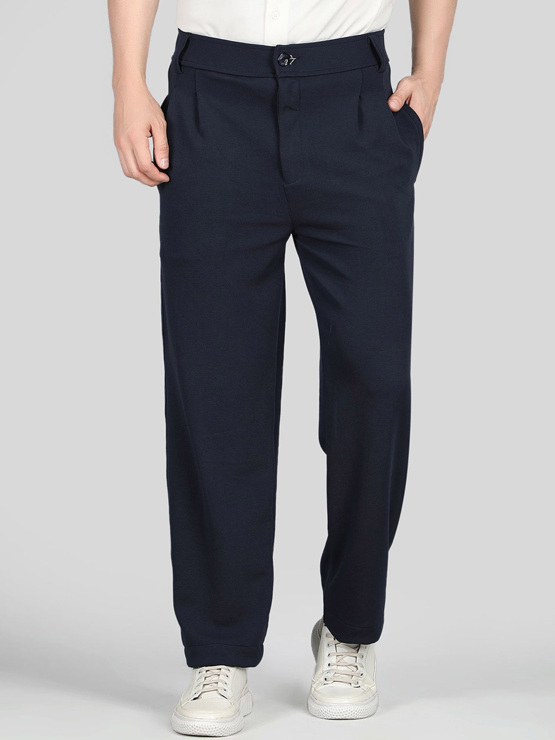 

Raxedo Men Mid-Rise Relaxed Pleated Relaxed Fit Korean Pants, Navy blue