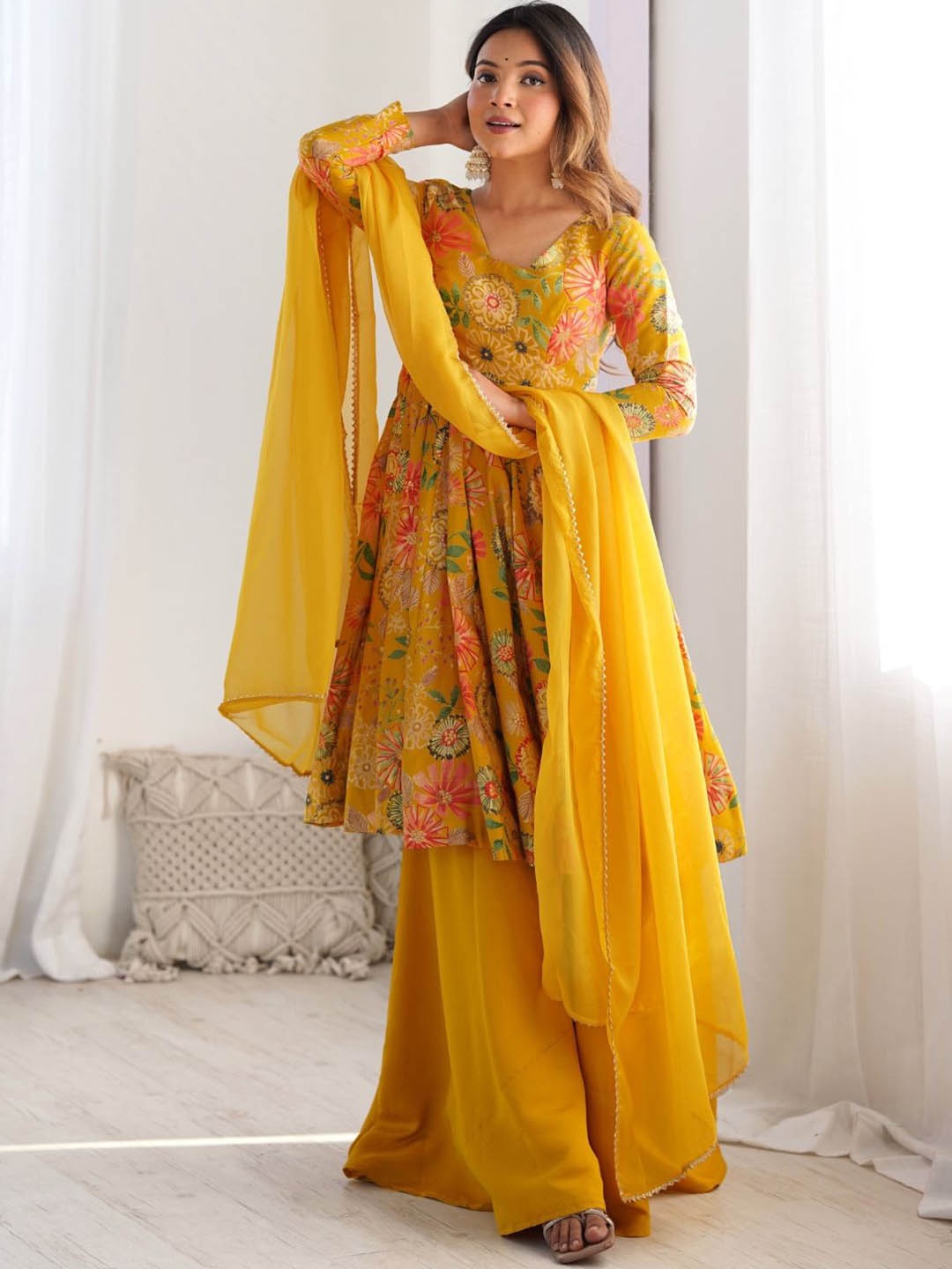 

Fusionic Floral Printed Chanderi Silk Anarkali Kurta With Palazzos & Dupatta, Mustard