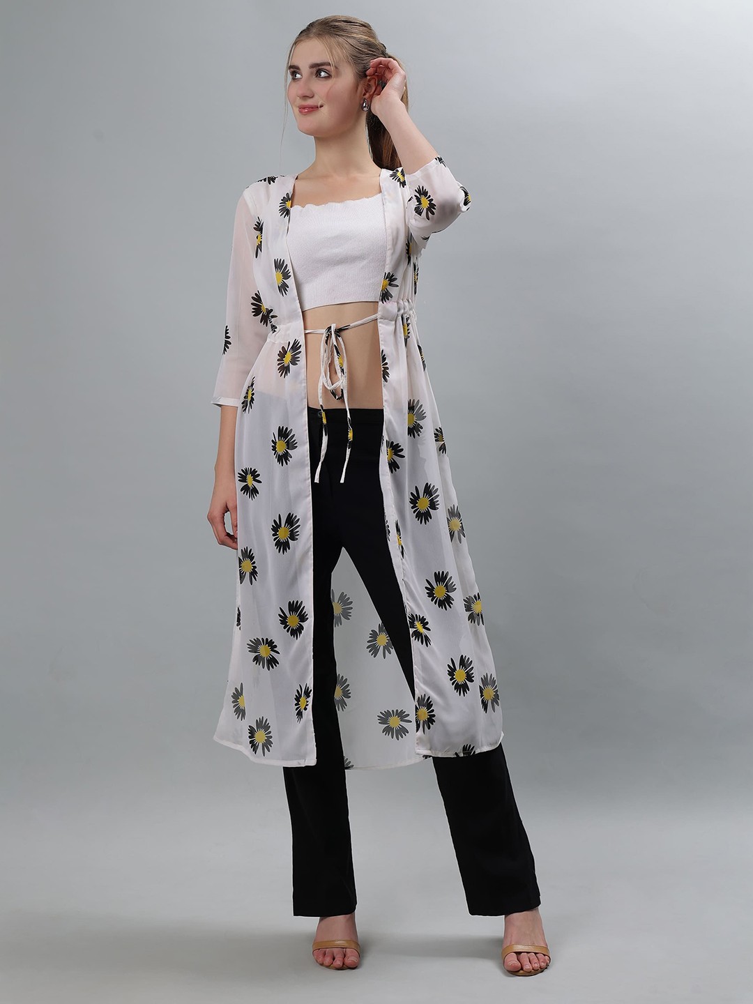 

ETRAANA Floral Printed Longline Tie-Up Shrug, White