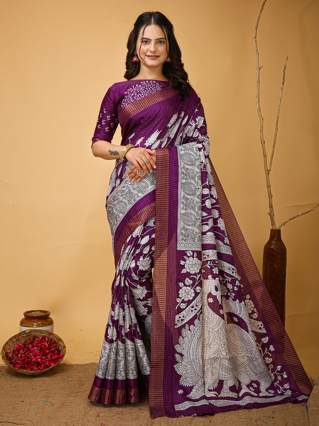 

HERE&NOW Kalamkari Zari Pure Cotton Kanjeevaram Saree, Purple