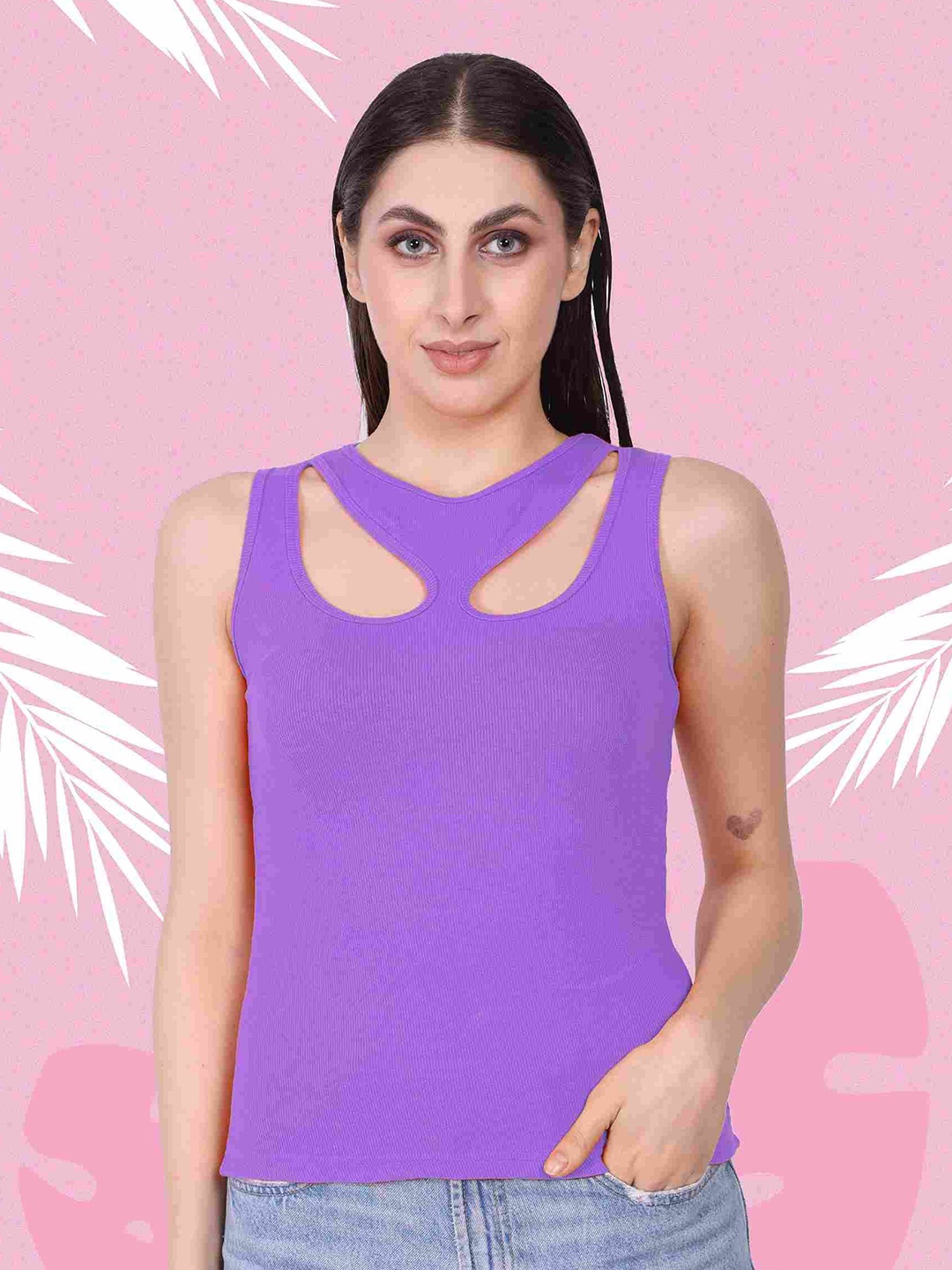 

Mast & Harbour Women Ribbed V Neck Sleeveless Fitted Top, Lavender