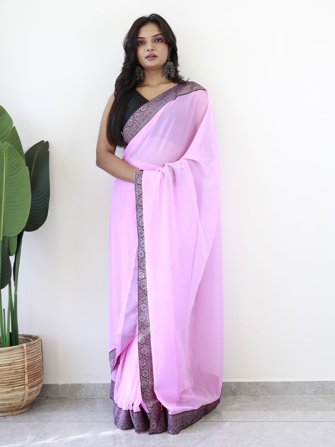 

LeeliPeeri Designer Solid Zari Ready to Wear Saree, Pink
