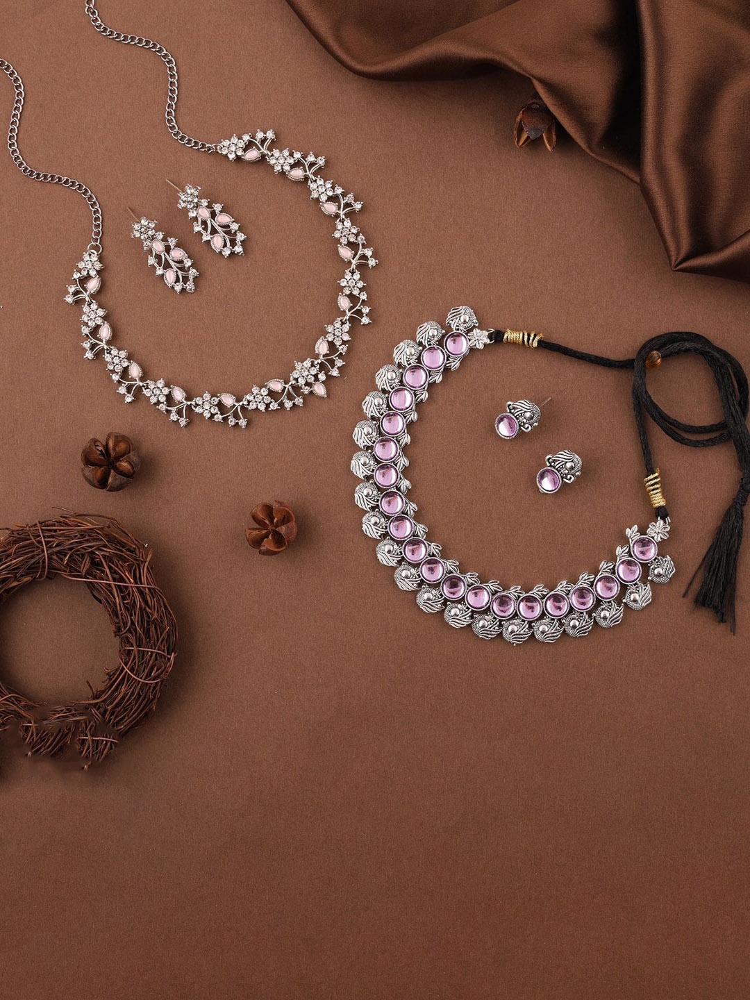 

Lyriss Set Of 2 Silver-Plated American Diamond Studded Jewellery Set