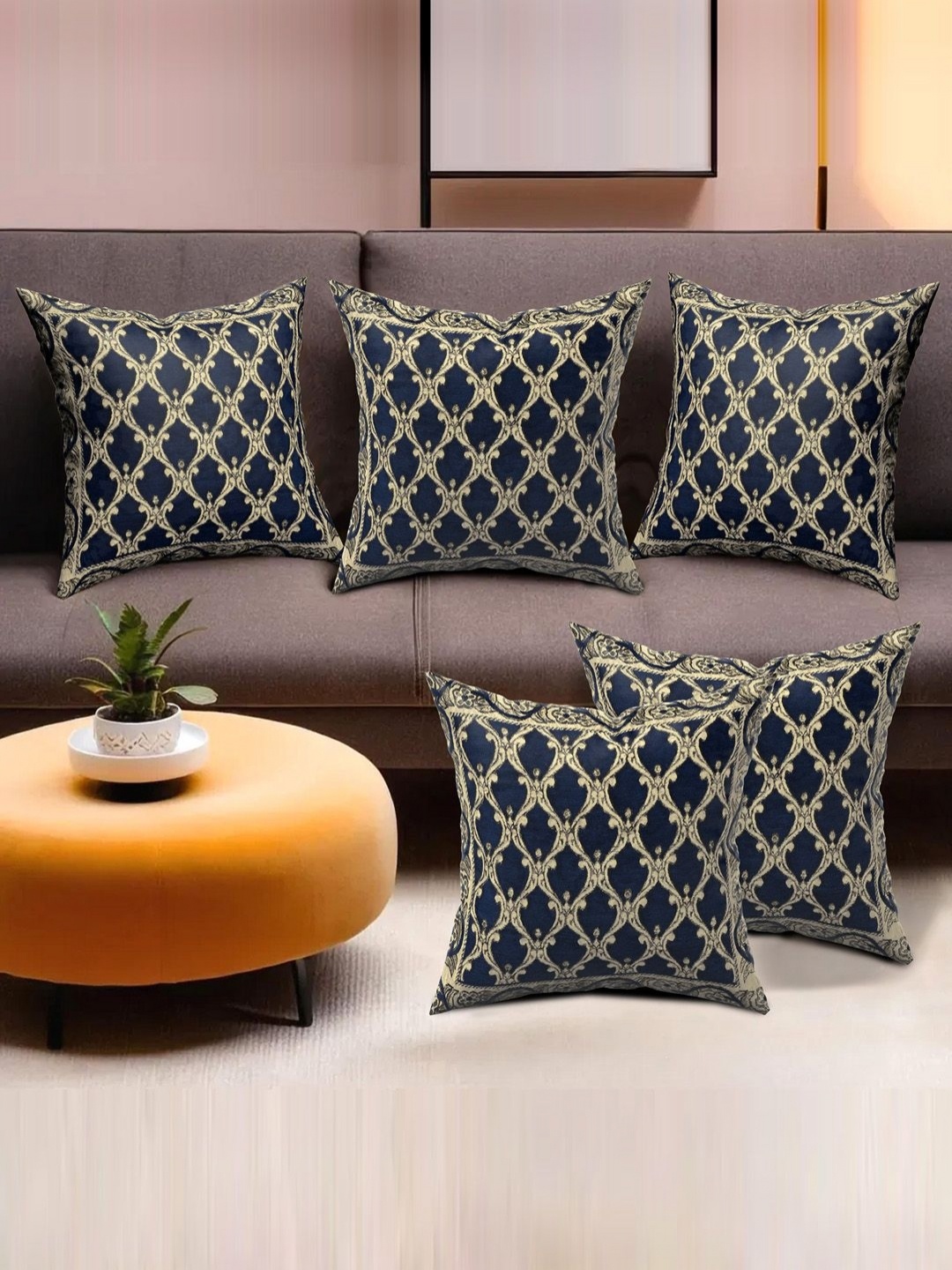 

Aura Navy Blue & Beige Set of 5 Ethnic Motifs Square Cushion Covers