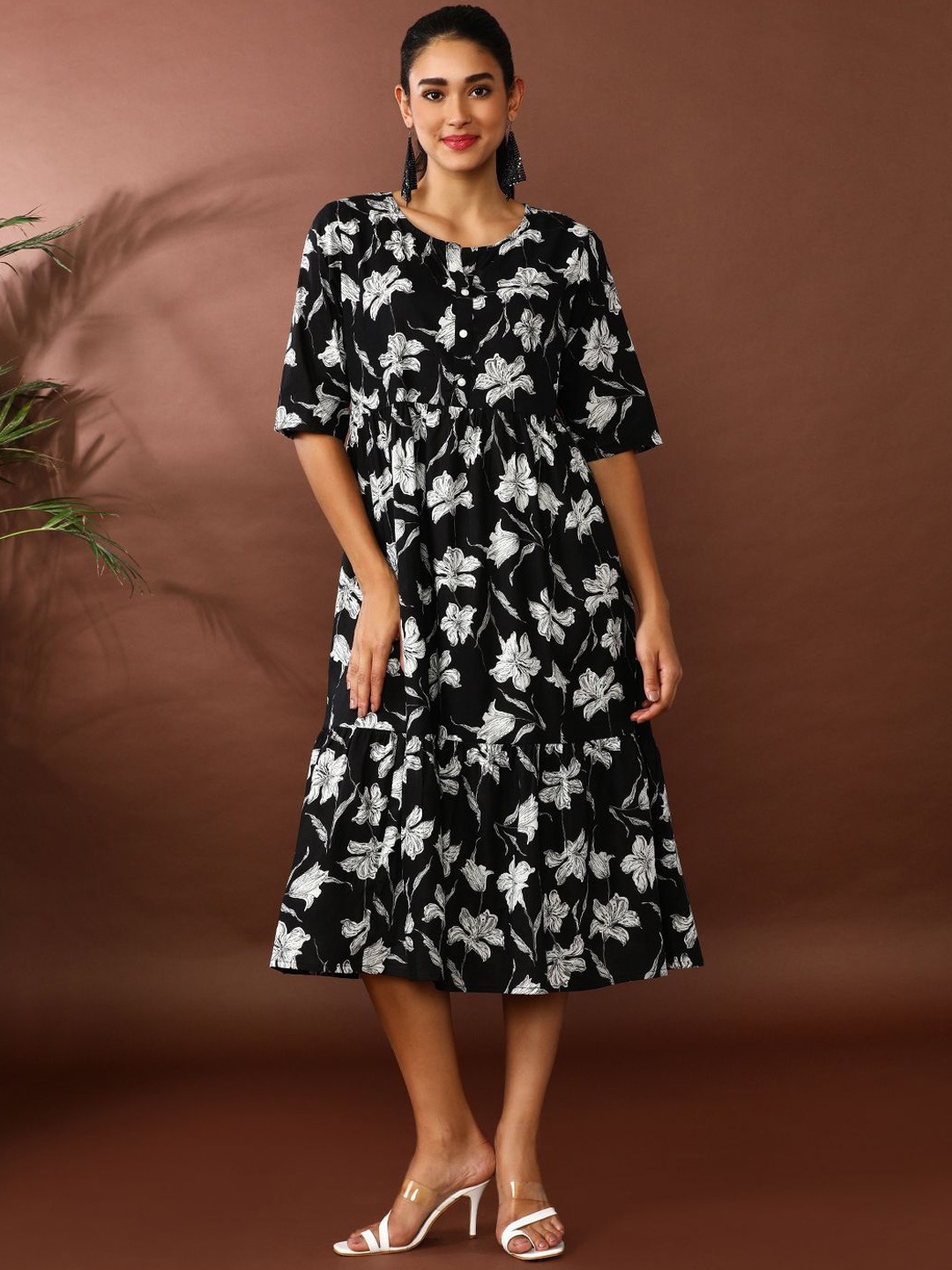 

Jaipur Women Kurti Floral Printed A-Line Ethnic Dress, Black