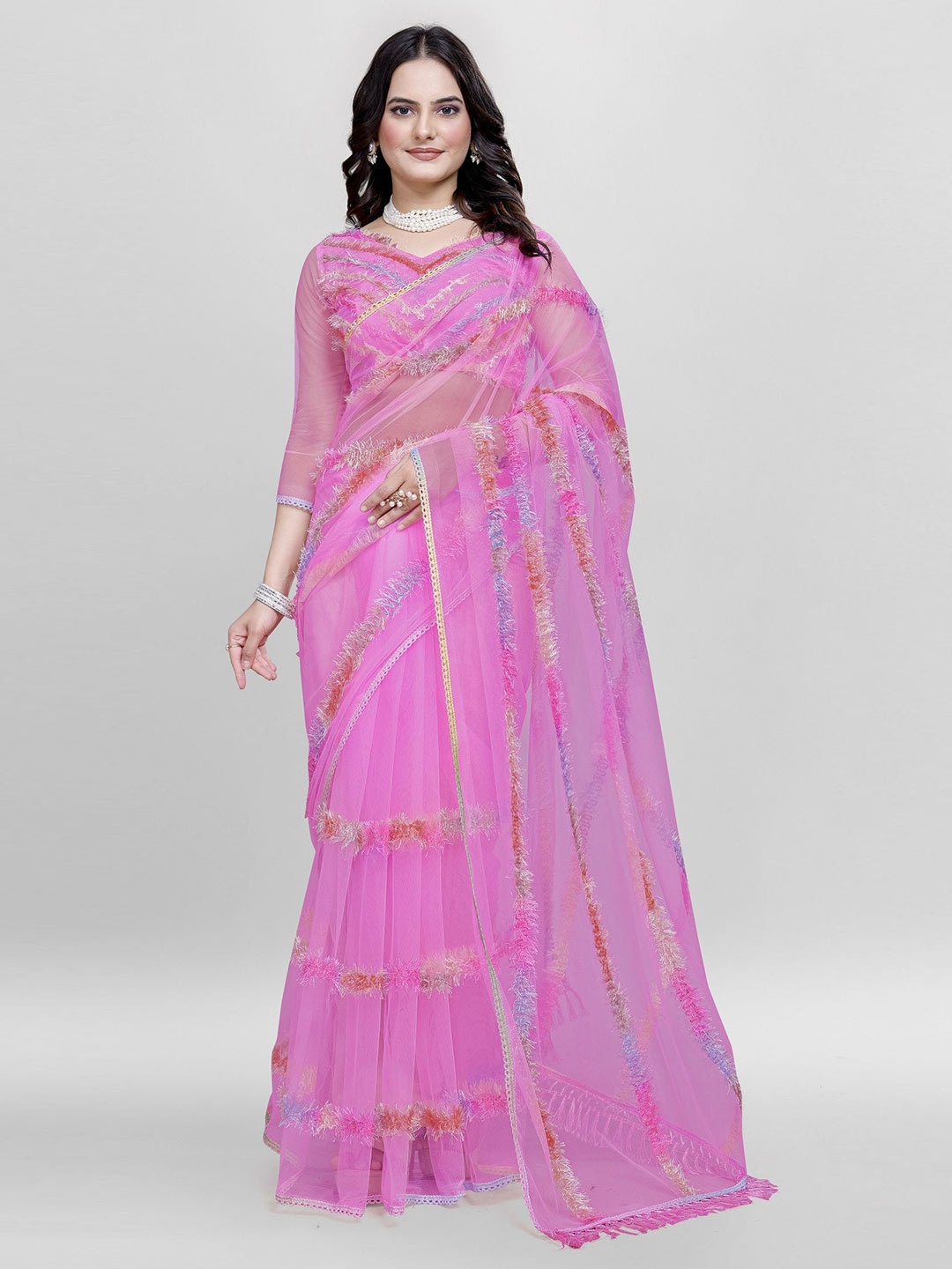 

Aika Embellished Gotta Patti Net Saree, Pink